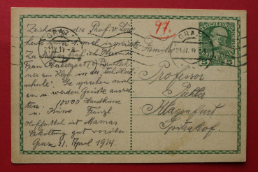 AK Graz / 1914 / Korrespondenz Karte / Ganzsache / Professor Pichler Klagenfurt / Steiermark